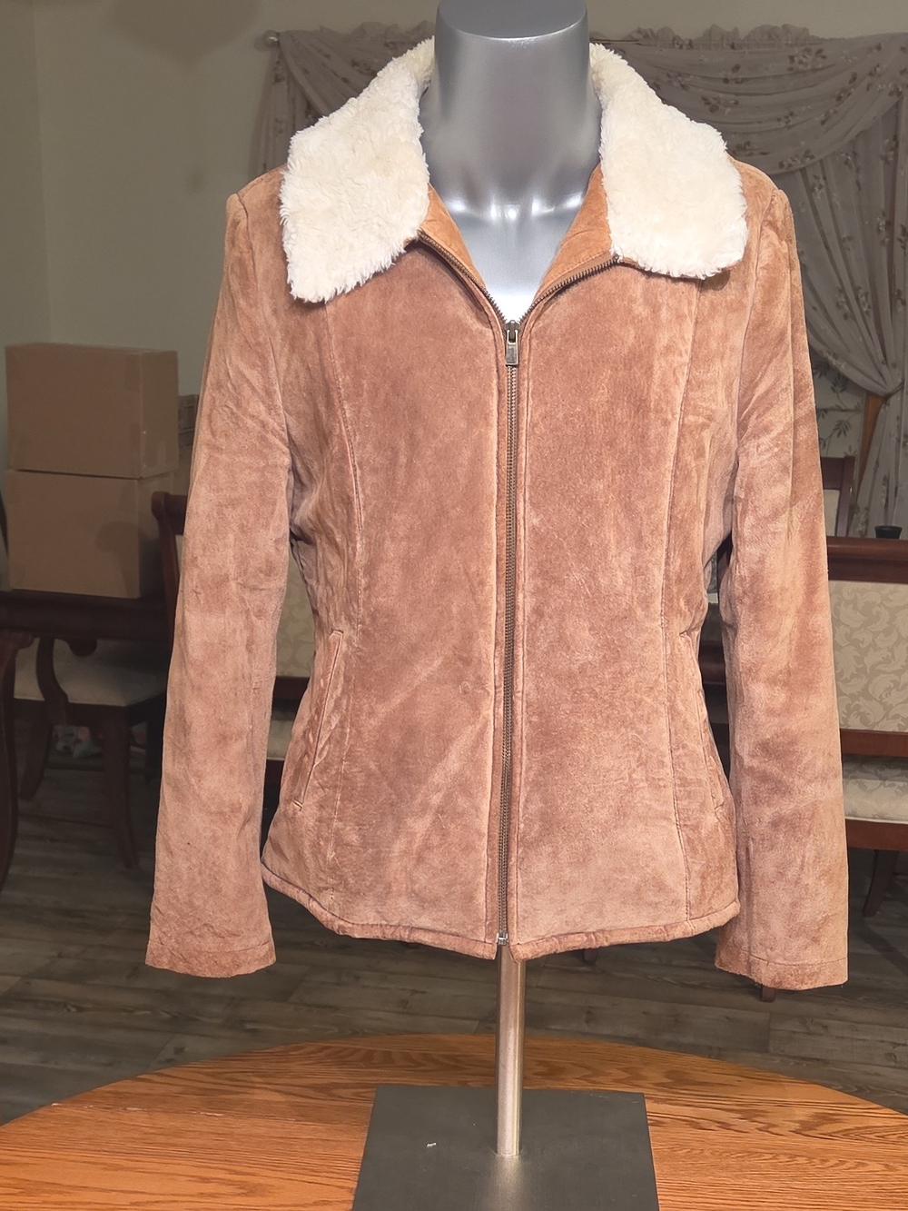 croft & barrow Tan Suede Zip Jacket with Cream Faux Shearling Collar